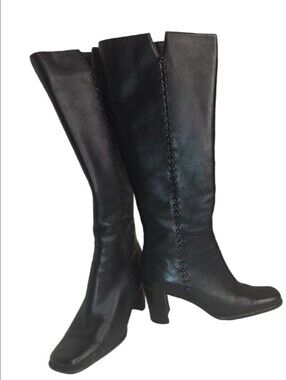 Studio Works Bella Black Knee-High Stitched Leather Heeled Boots 6.5M